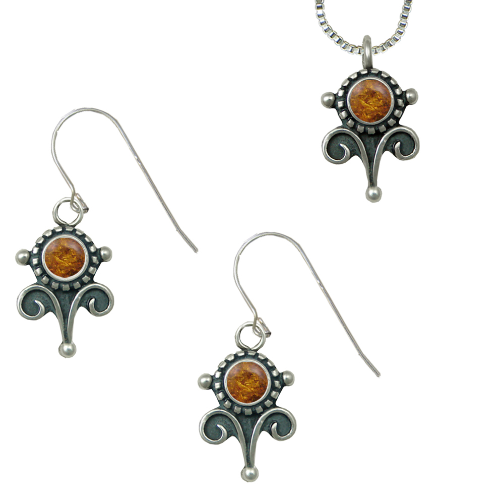 Sterling Silver Necklace Earrings Set Amber